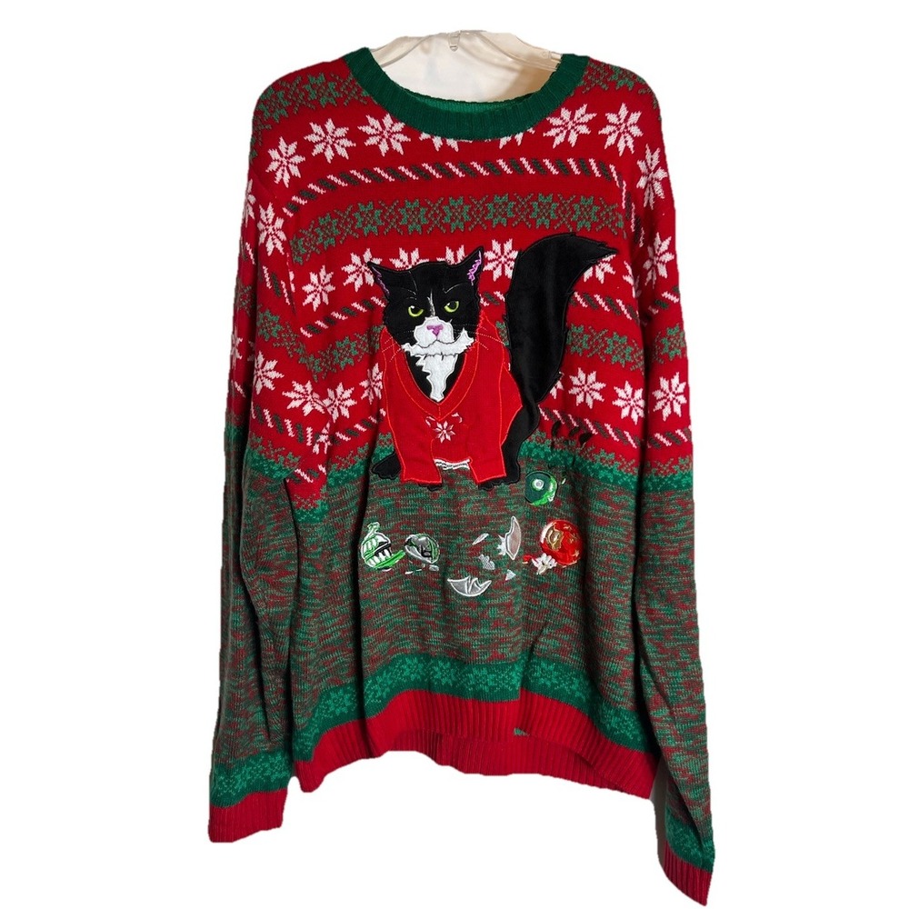 Ugly Christmas Sweater Angry Cat‎ Crew Neck Pullover Size XXL Funny Holiday